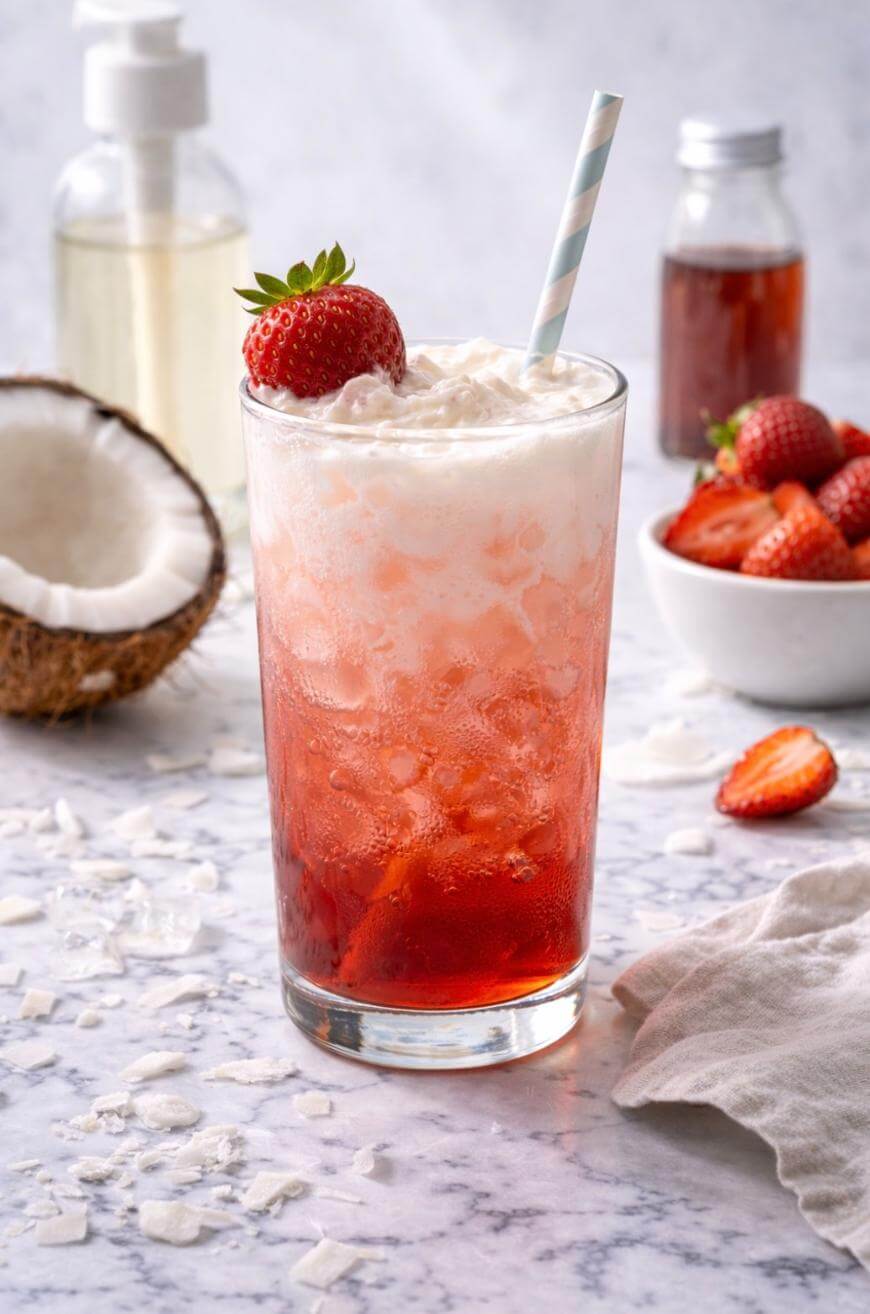 A glass of iced strawberry and coconut drink topped with whipped cream and a whole strawberry, with a striped straw. Fresh strawberries, coconut, and syrup bottles are in the background on a marble surface.