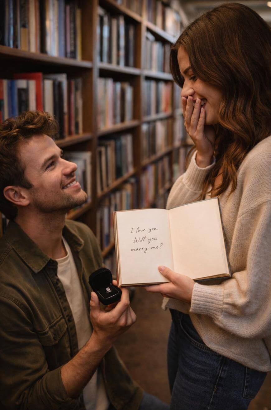 A man kneels and holds a ring box while proposing to a surprised woman in a library. She holds an open book with the words I love you. Will you marry me? written on the page. Both appear happy and emotional.