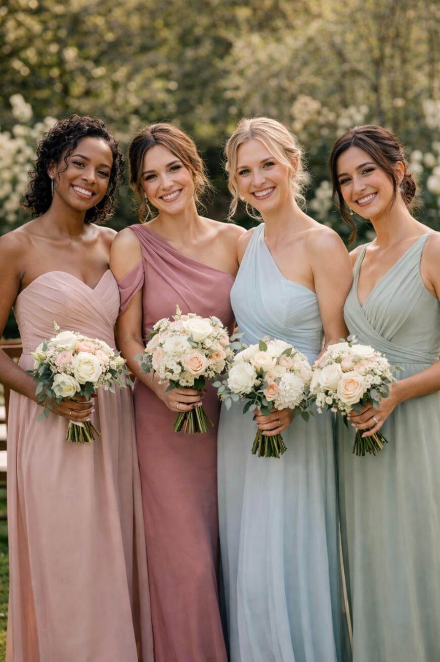 Four women in braground pastel-colored dresses stand outdoors, smiling and holding bouquets of white and blush flowers, with greenery in the rosy background.