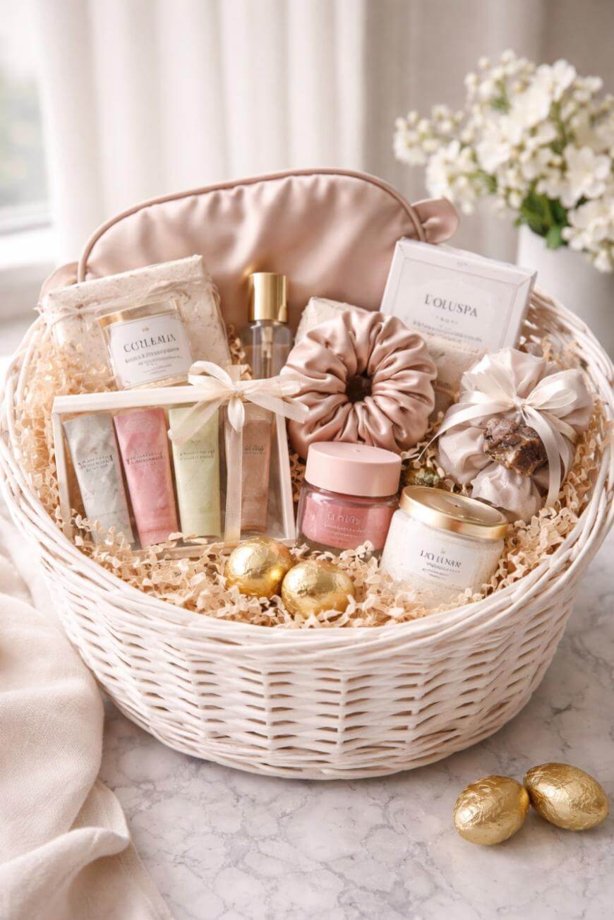 A white wicker gift basket filled with self-care items, including lotion tubes, a pink jar, candles, gold-wrapped chocolates, a satin sleep mask, scrunchies, and bath products, arranged on shredded paper on a marble surface.