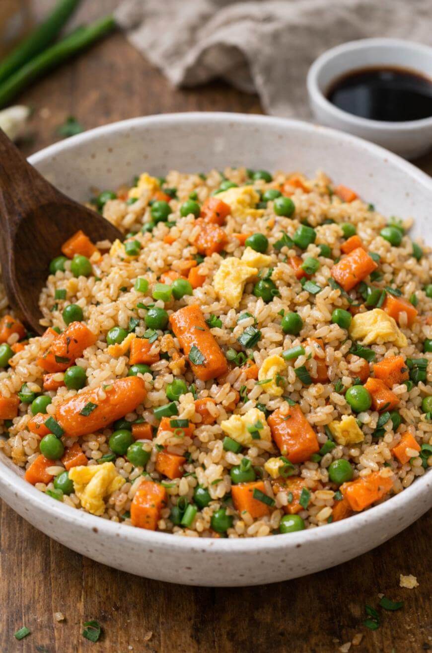 A bowl of vegetable fried rice with peas, diced carrots, and scrambled eggs, garnished with chopped green onions. A wooden spoon rests in the bowl, and a small dish of soy sauce is in the background.
