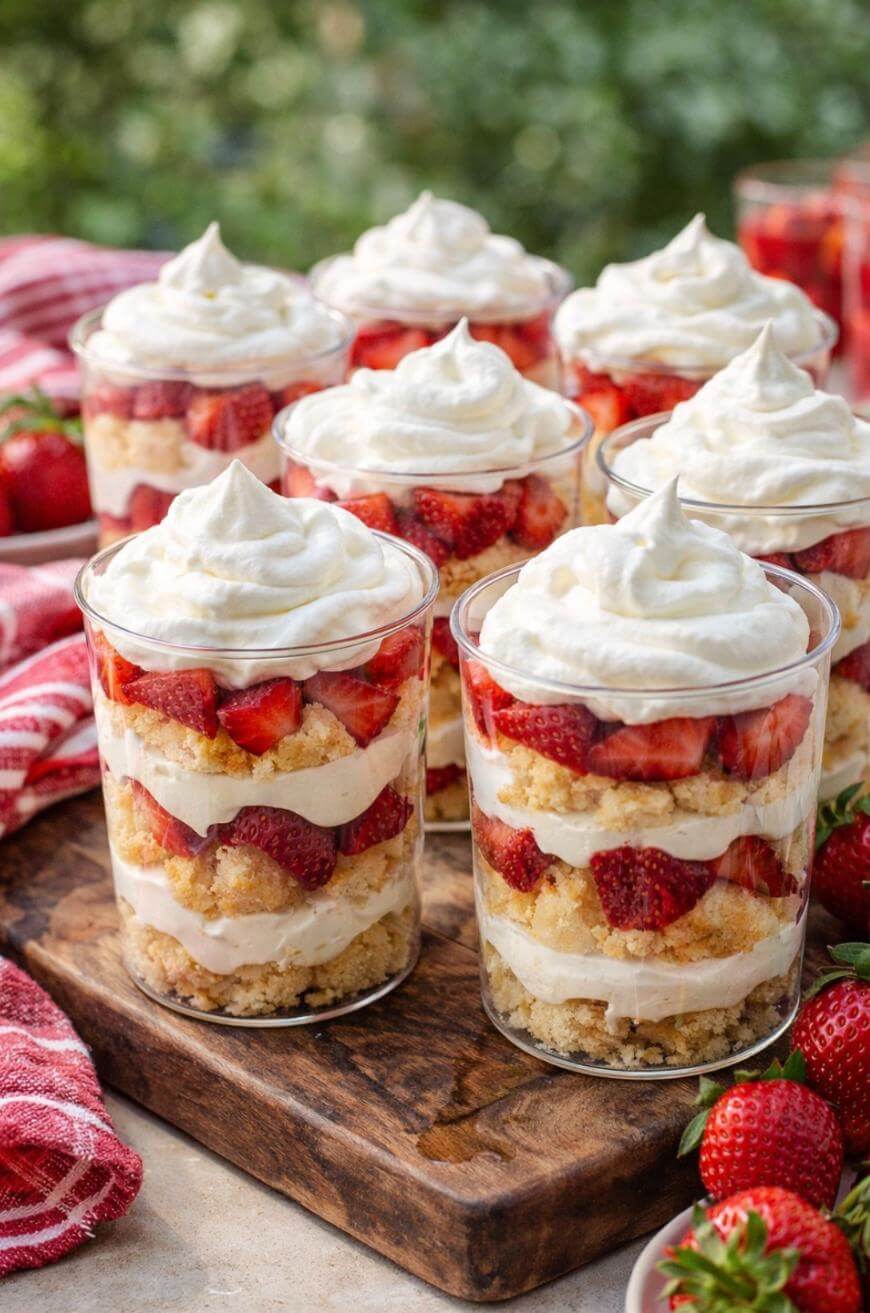 Eight clear cups filled with layered strawberry shortcake trifles, featuring sliced strawberries, cake pieces, and whipped cream, are arranged on a wooden board with fresh strawberries and a red-striped napkin nearby.