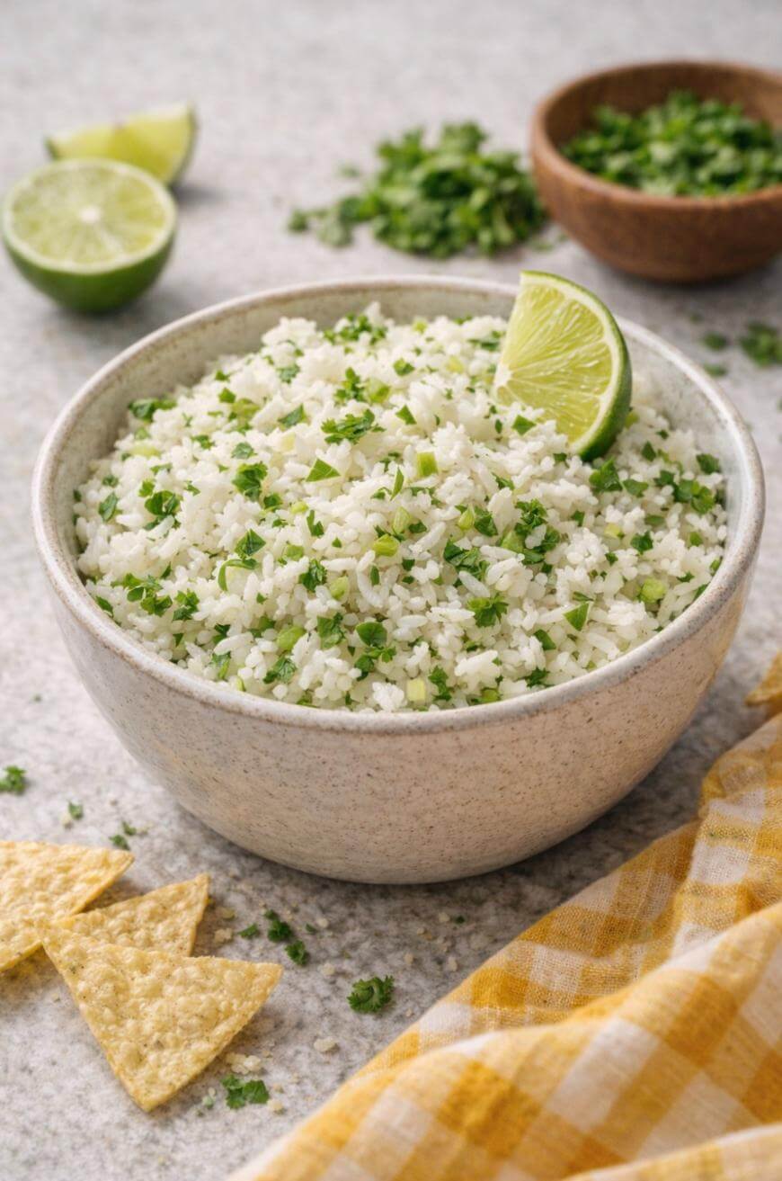 A bowl of white rice garnished with chopped cilantro and a lime wedge, with tortilla chips, a yellow checked cloth, lime halves, and a small bowl of cilantro in the background.