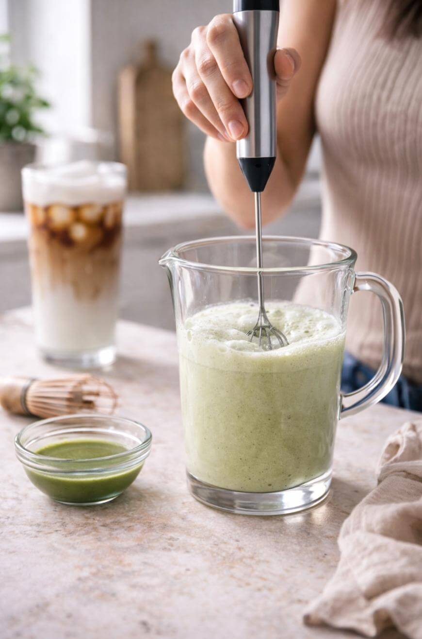 A person uses a handheld frother to mix a green beverage in a glass pitcher. Nearby are a bowl of green powder, a bamboo whisk, and an iced latte on a kitchen counter.