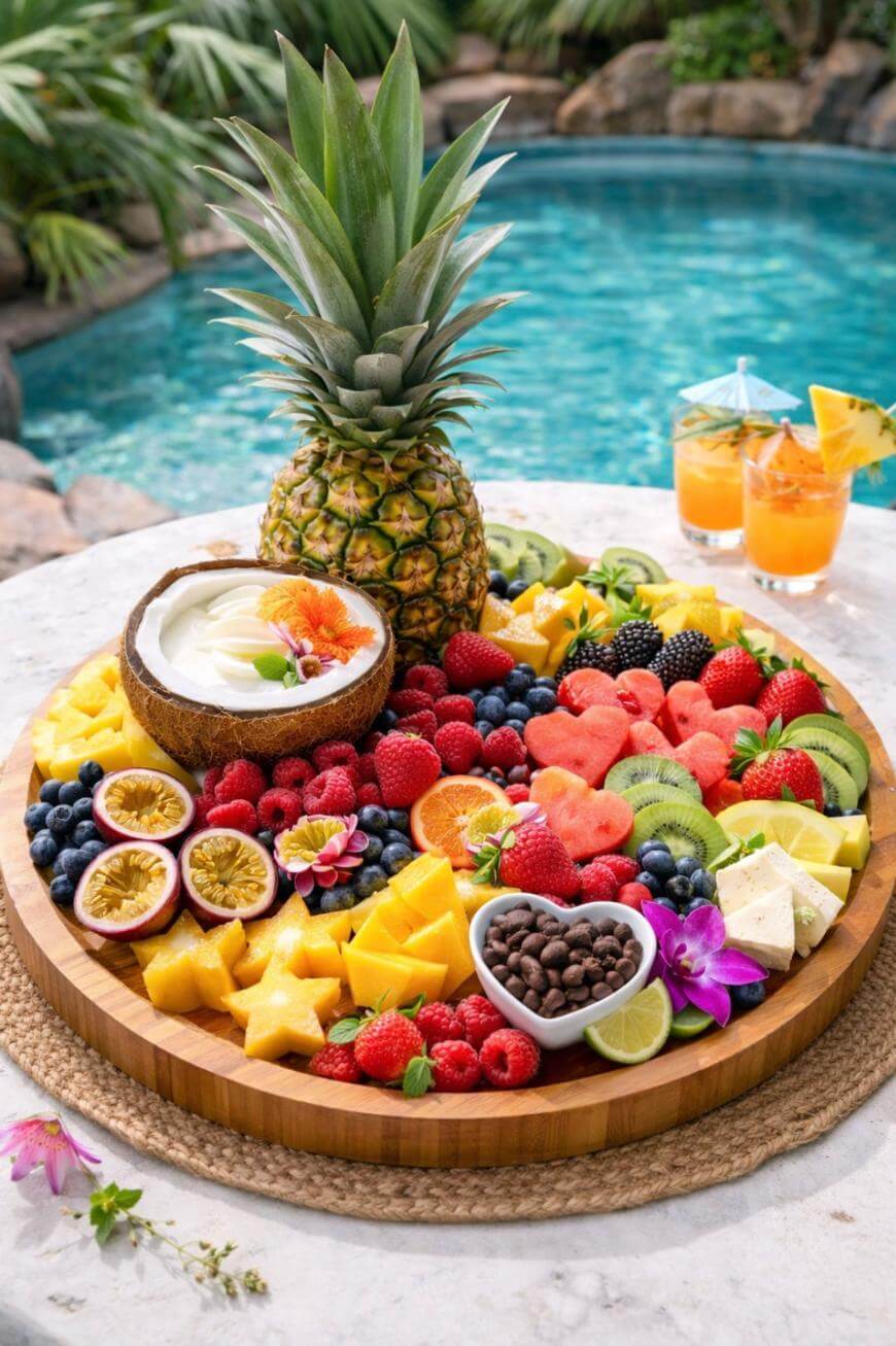 A round wooden tray by a pool holds a colorful fruit platter with pineapple, kiwi, berries, watermelon, mango, passion fruit, star fruit, coconut yogurt, and chocolate chips. Two tropical drinks are in the background.
