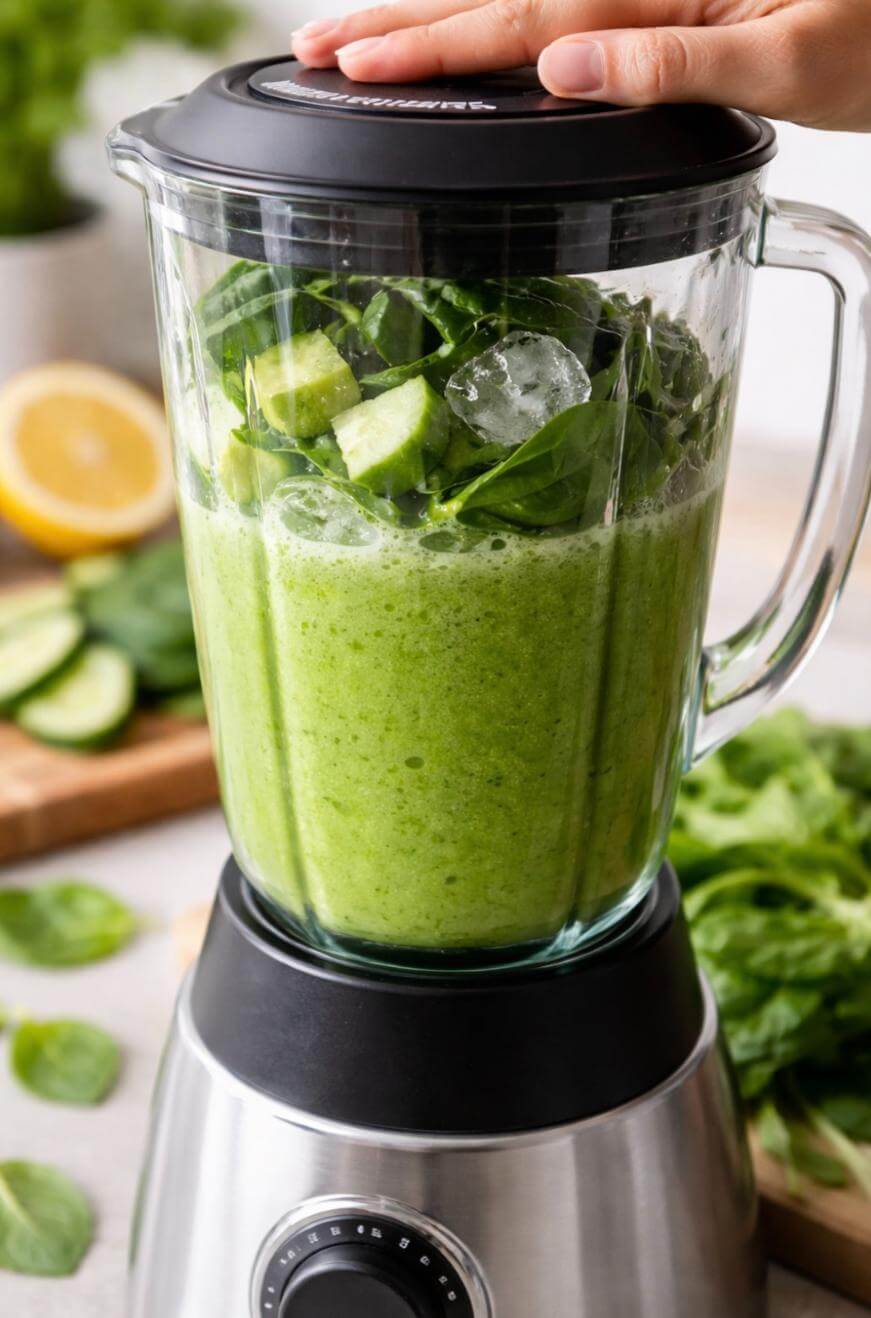 A hand holds the lid of a blender filled with spinach, cucumber, ice, and green smoothie. Fresh spinach, cucumber slices, and half a lemon are on the counter in the background.