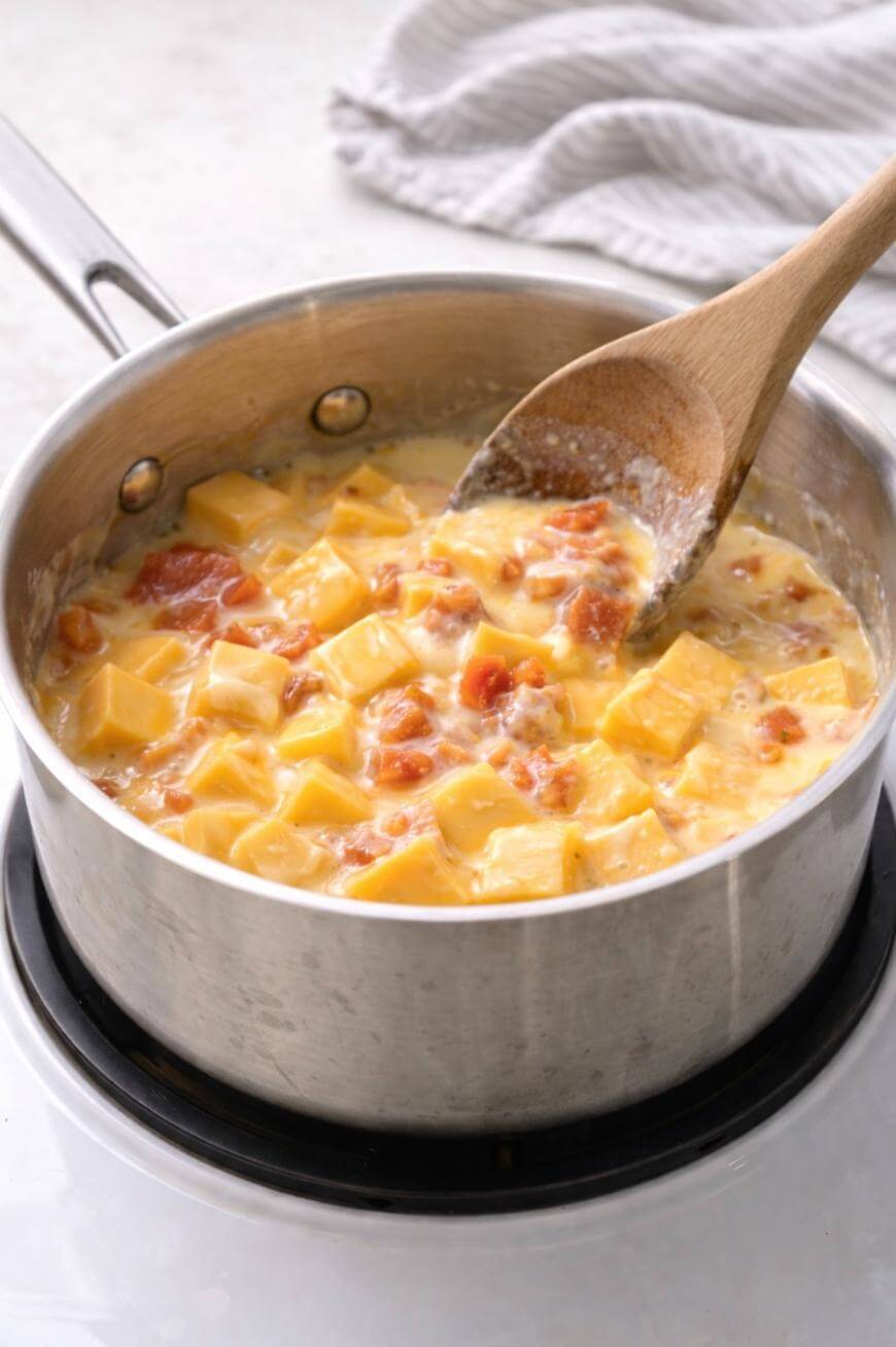 A metal pot on a stovetop contains a mixture of melted cheese, diced tomatoes, and other ingredients being stirred with a wooden spoon. A striped cloth is visible in the background.