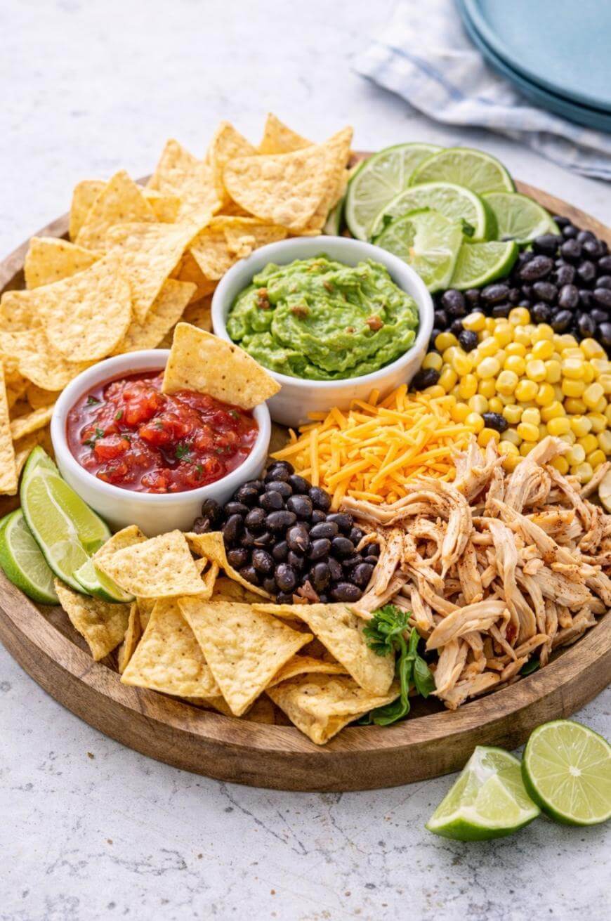 A round wooden platter with tortilla chips, guacamole, salsa, shredded chicken, black beans, corn, shredded cheese, and lime wedges arranged around small bowls.