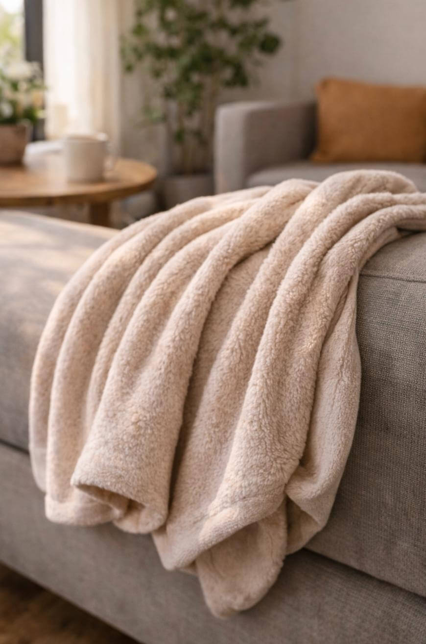 A soft, beige fleece blanket draped over the arm of a light gray sofa in a cozy living room with a wooden table, plants, and a brown cushion in the background.