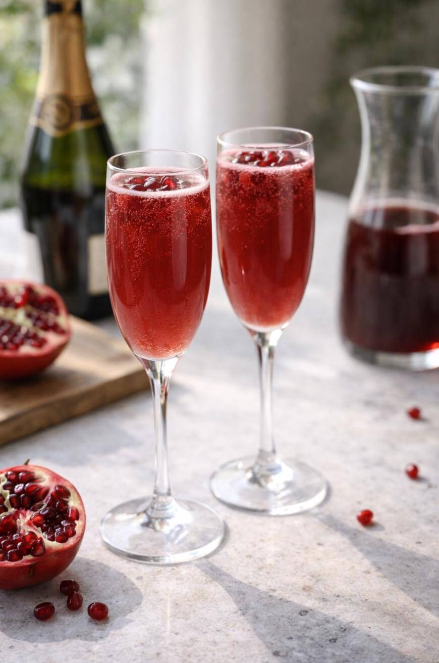 Two champagne flutes filled with red sparkling drink, garnished with pomegranate seeds, sit on a light surface alongside a halved pomegranate, a wine bottle, and a carafe of red liquid in the background.