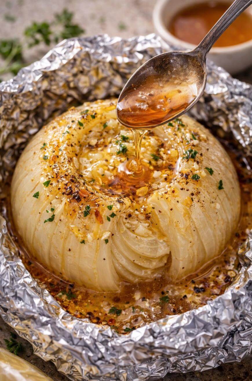 A whole onion baked in foil, topped with herbs and spices, is being drizzled with melted butter or sauce from a spoon. The onion is surrounded by golden juices and seasoning.