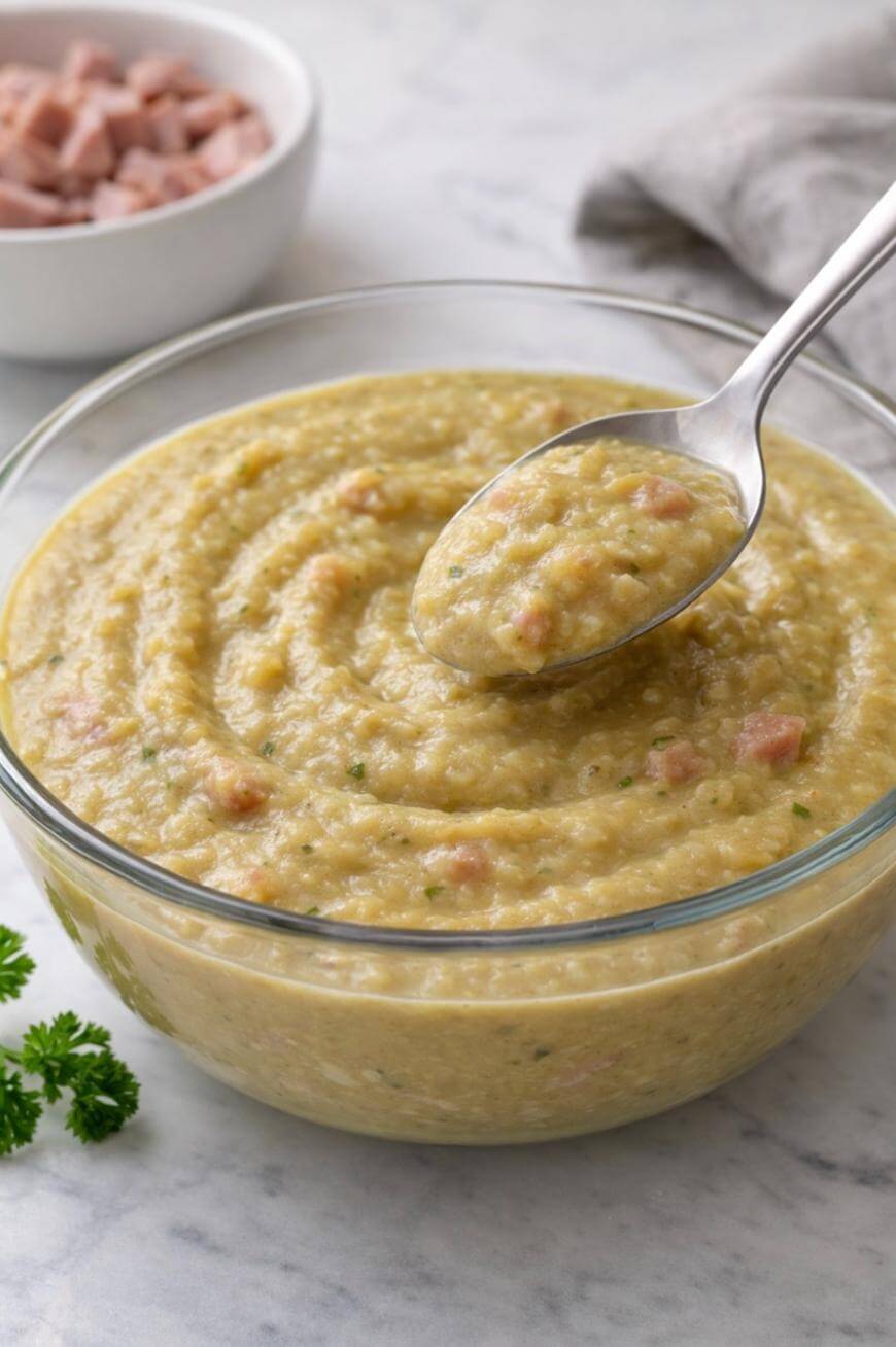 A glass bowl filled with thick split pea soup containing chunks of ham, with a spoon lifting some soup. In the background, a bowl of diced ham and a sprig of parsley are visible on a marble surface.