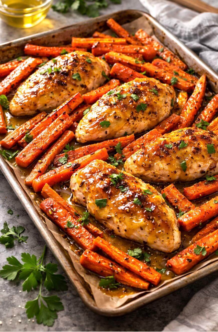 A baking sheet with glazed roasted chicken breasts and sliced carrots, garnished with chopped parsley, on a gray surface with fresh parsley nearby.