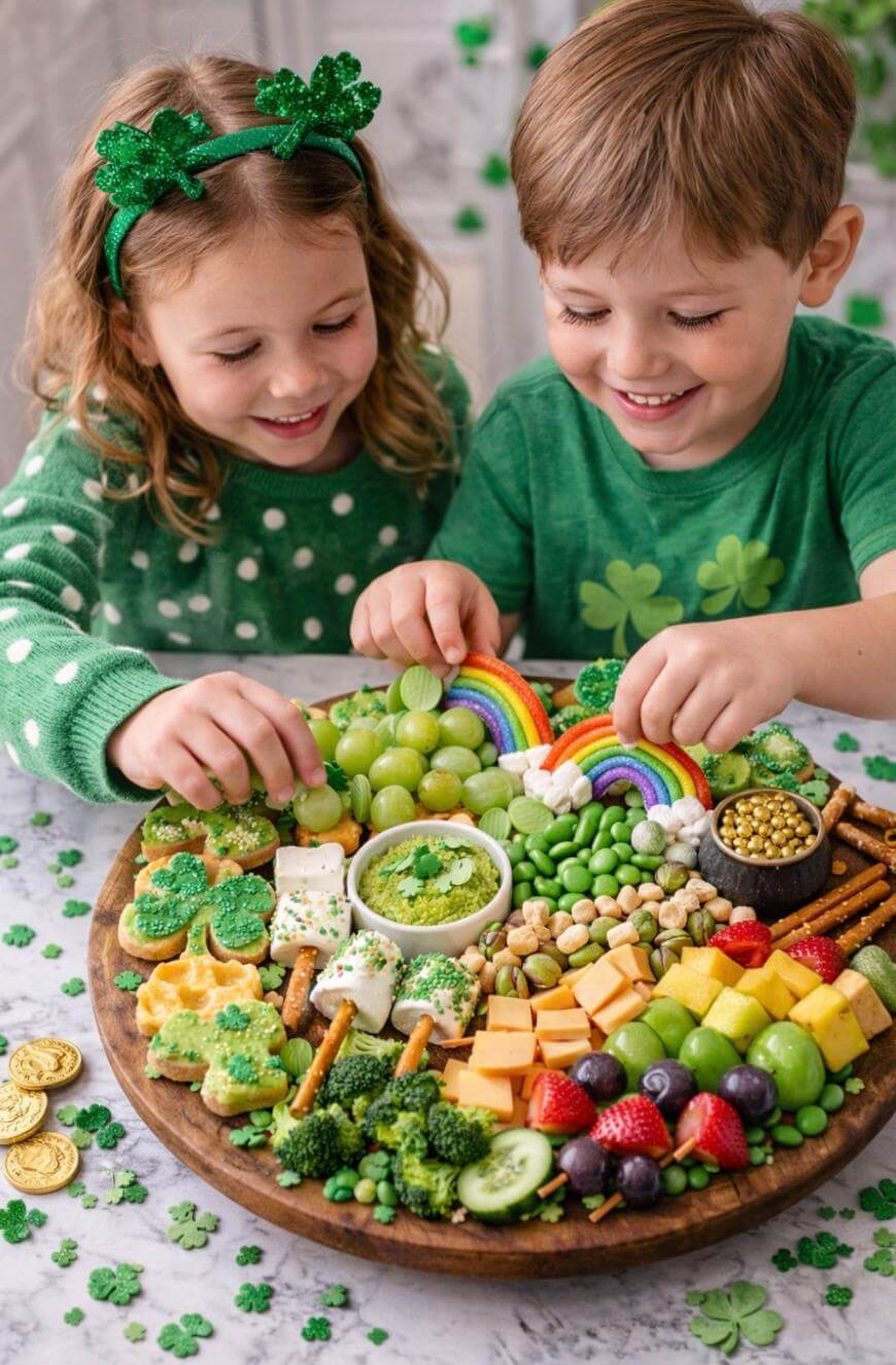 Two children in green clothing and shamrock accessories smile as they enjoy a St. Patrick’s Day snack board filled with colorful fruits, veggies, cheese, shamrock-shaped treats, gold coins, and a candy rainbow.