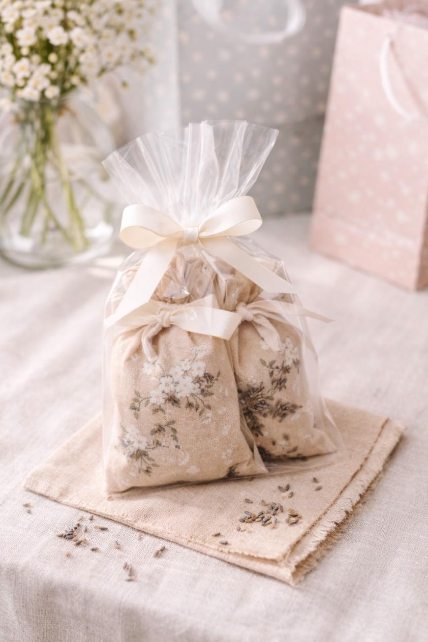 A clear gift bag tied with a cream ribbon holds two small, floral-patterned fabric sachets, placed on a folded beige cloth with scattered lavender buds nearby. A vase of white flowers and pastel gift bags are in the background.