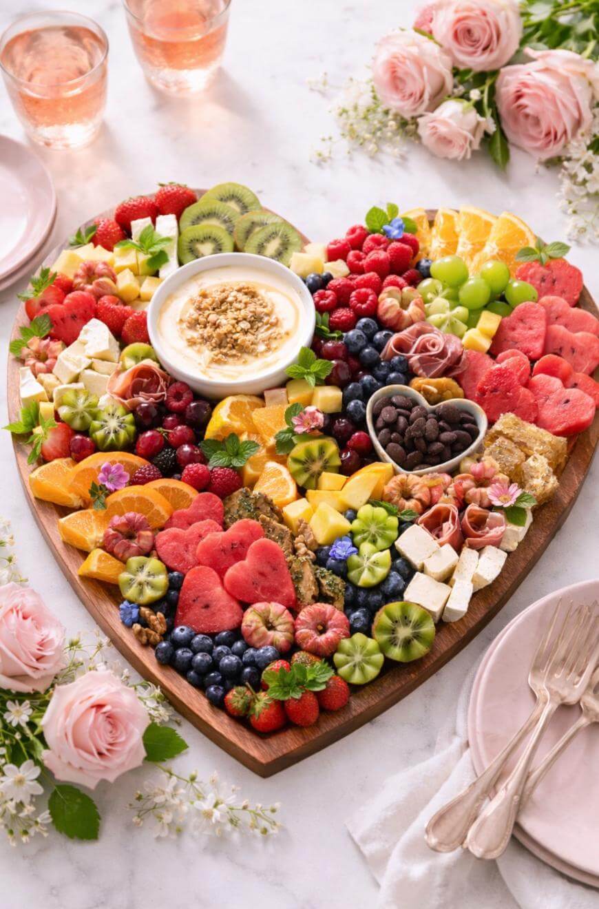 A heart-shaped wooden platter filled with assorted fresh fruits, cheeses, chocolate, nuts, and a bowl of dip, surrounded by pink roses, plates, utensils, and glasses on a marble table.