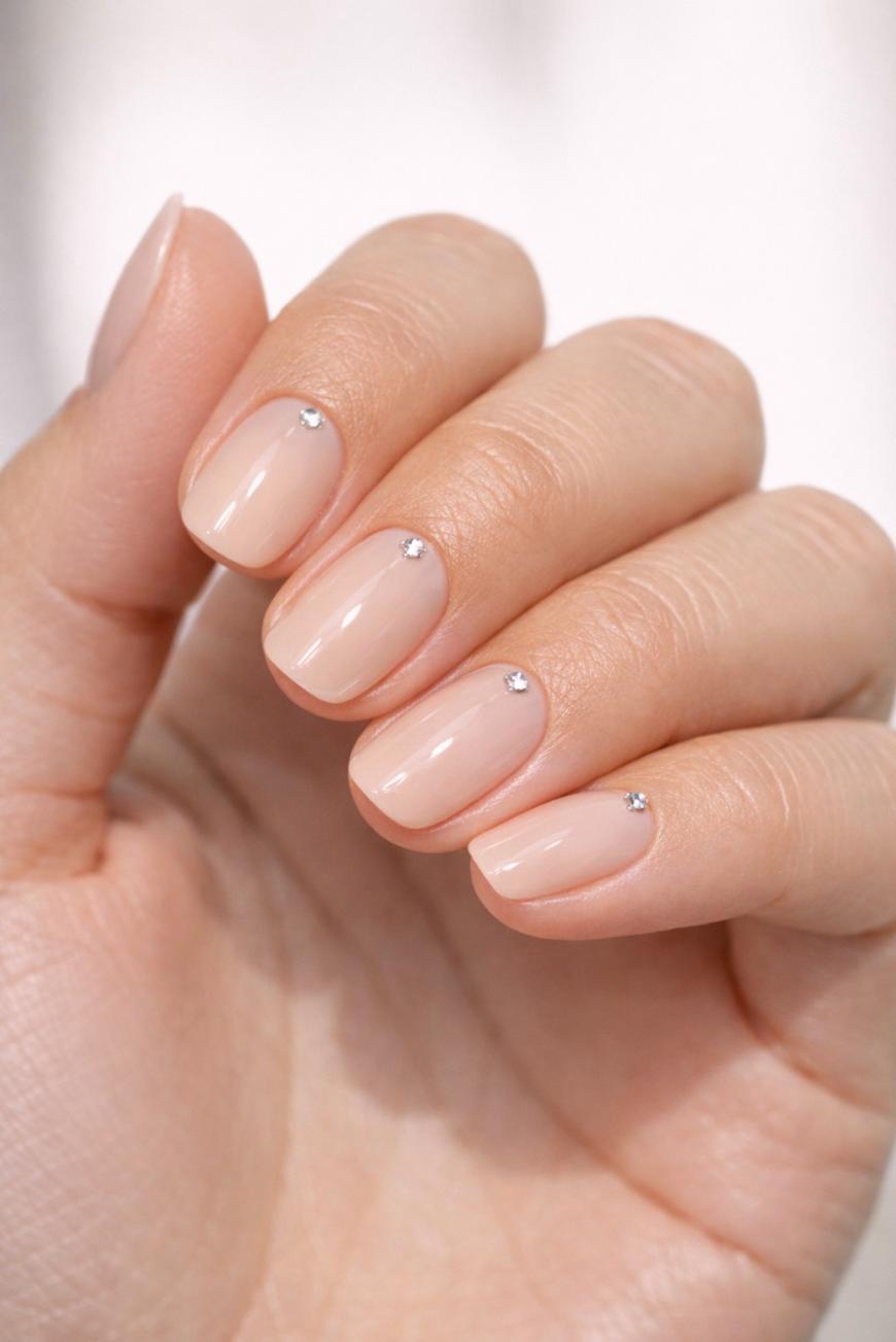 A hand with short, neatly manicured nails painted a soft nude color, each nail decorated with a small, single silver rhinestone near the cuticle.