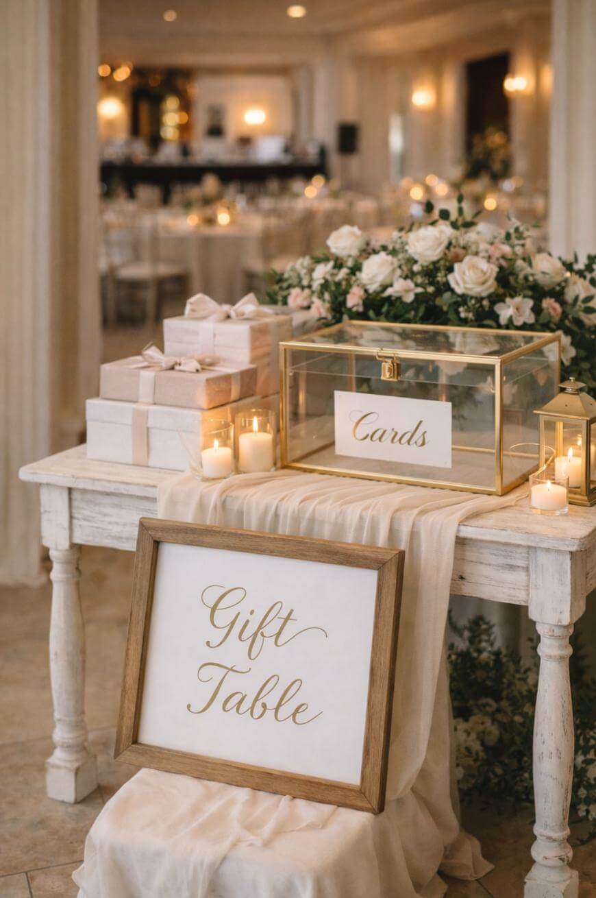 A white wedding gift table with wrapped presents, a glass card box labeled Cards, lit candles, and a gold-framed sign reading Gift Table. White flowers and soft fabric decorate the elegant scene.
