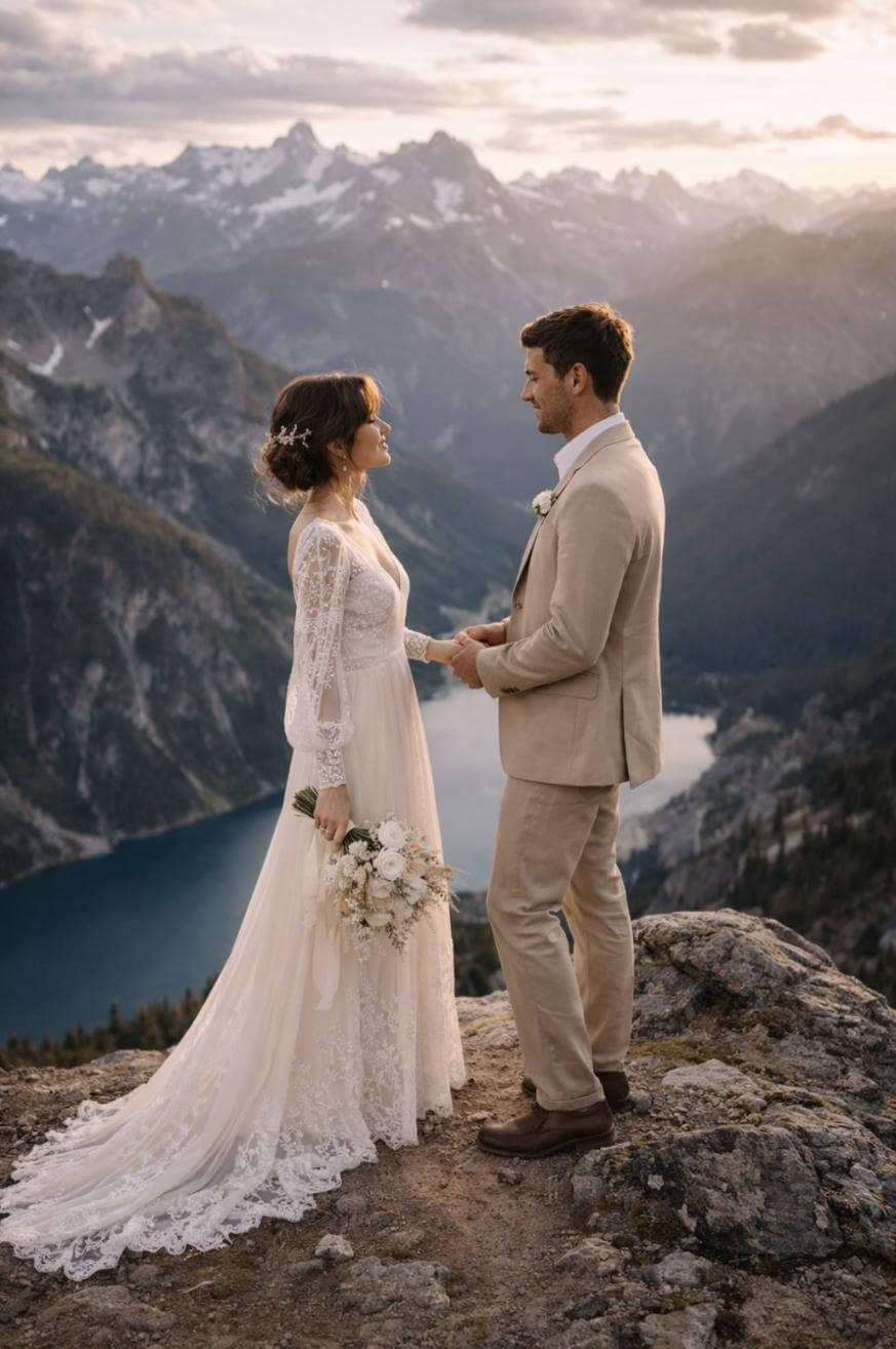 A bride and groom stand on a mountain ledge at sunset, holding hands and gazing at each other. The bride wears a long, lace dress and holds a bouquet, while the groom wears a tan suit. Mountains and a lake are in the background.