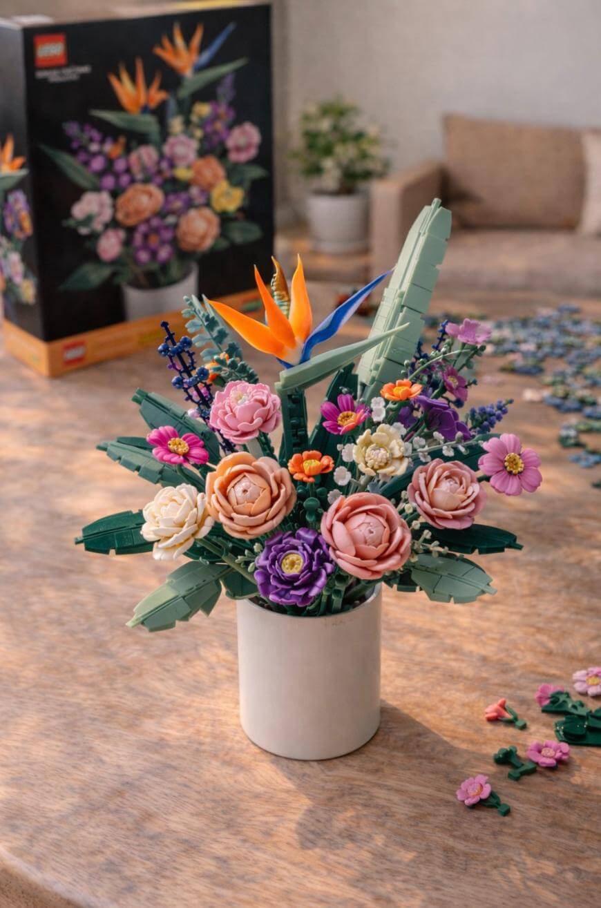 A colorful bouquet of LEGO flowers in a white vase sits on a wooden table, with a LEGO set box and scattered LEGO pieces in the background. The room has a cozy, softly lit atmosphere.