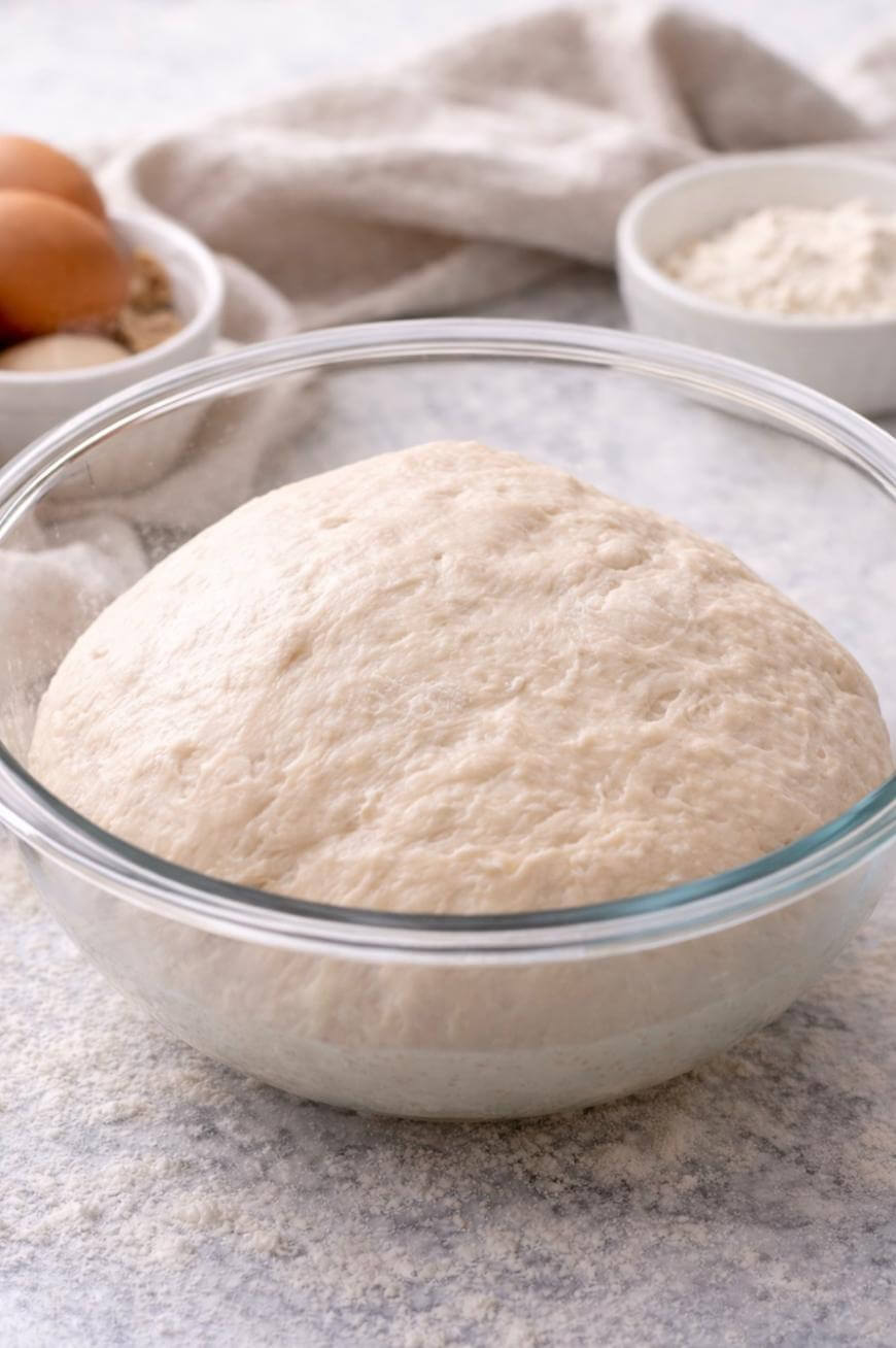 A glass bowl filled with risen dough sits on a light countertop. In the background, there are eggs and a bowl of flour, with a beige cloth nearby.