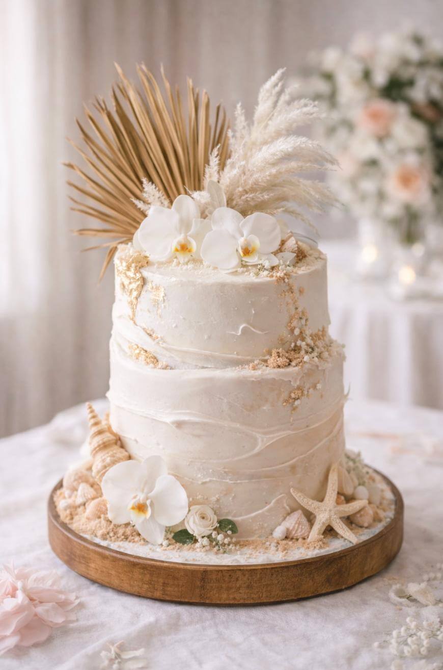 A two-tiered white cake decorated with white orchids, dried palm leaves, pampas grass, seashells, and a starfish, set on a wooden platter. The background is softly blurred with flowers and candles.