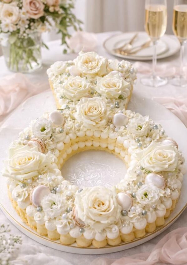 A fancy cake shaped like the number 8, decorated with white roses, pearls, and macarons, set on a table with flowers, plates, and two glasses of champagne in the background.