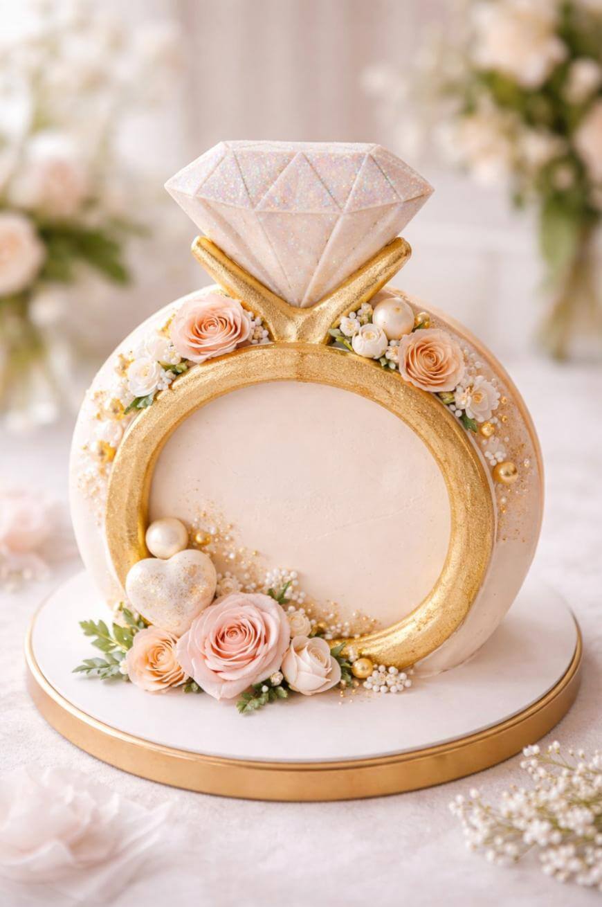A round cake shaped like a gold diamond ring, topped with a large diamond decoration, and adorned with blush roses, white flowers, and gold accents, set on a white base with a blurred floral background.