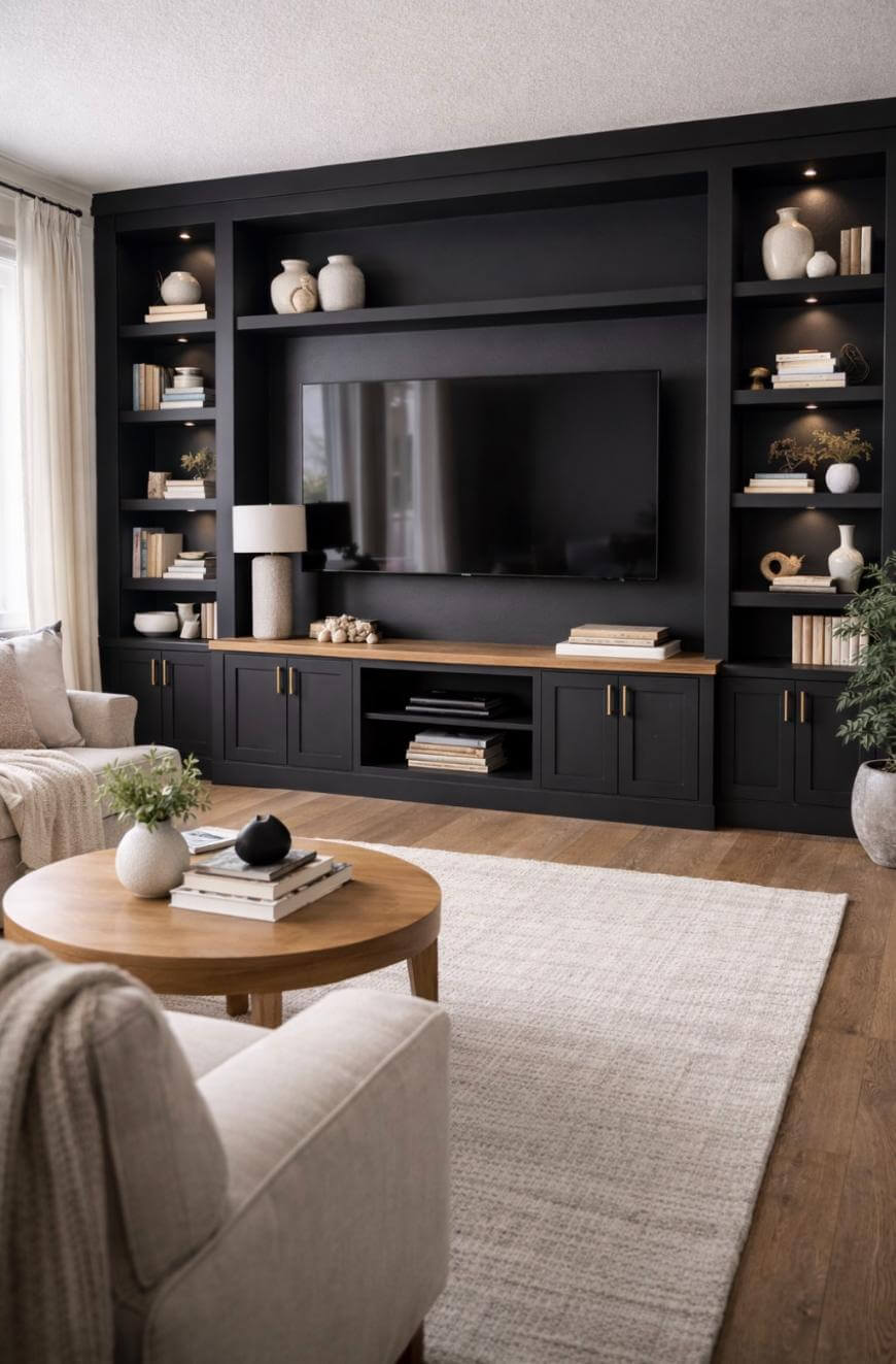 A modern living room with a large black built-in entertainment center, a wall-mounted TV, shelves with books and decor, light sofas, a round wooden coffee table, a beige rug, and a wood floor. Natural light fills the space.