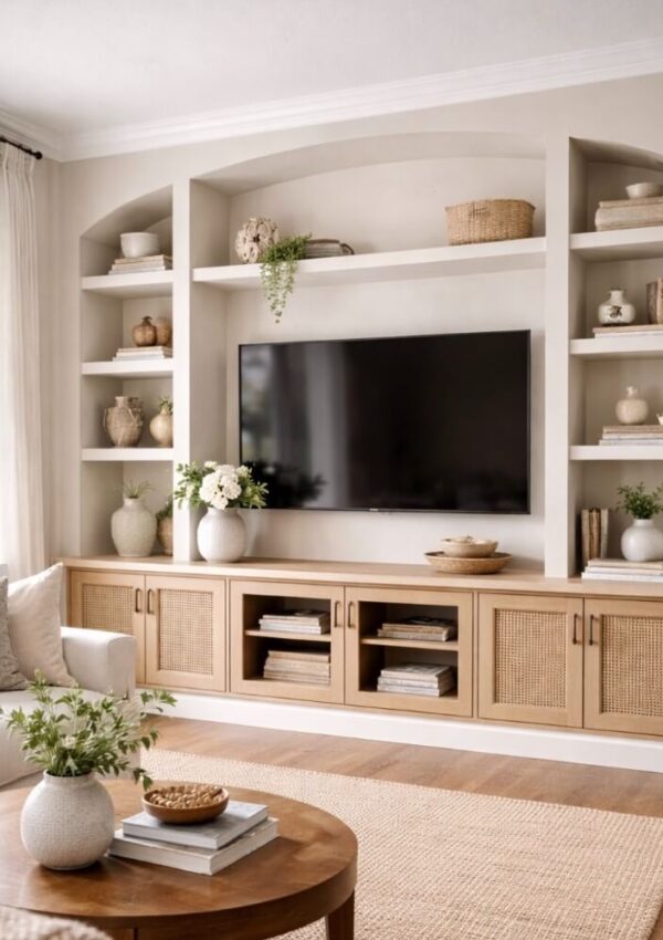 A modern living room with a built-in entertainment center featuring shelves decorated with neutral vases, baskets, and books, a flat-screen TV, a wooden cabinet below, and a coffee table with a plant in the foreground.