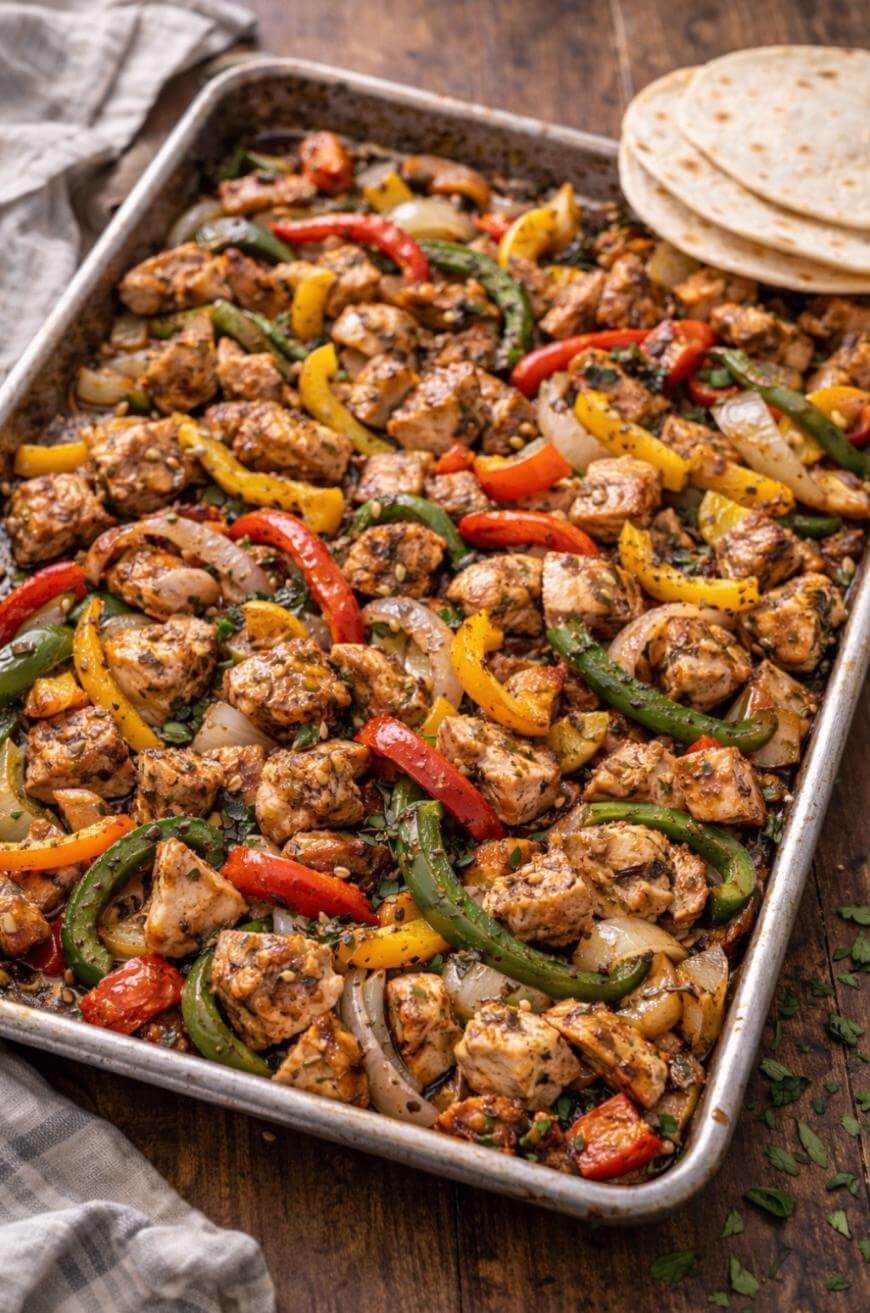 A sheet pan filled with baked chicken fajita pieces, sliced red, yellow, and green bell peppers, and onions, garnished with herbs. Soft tortillas are stacked nearby on the wooden table.