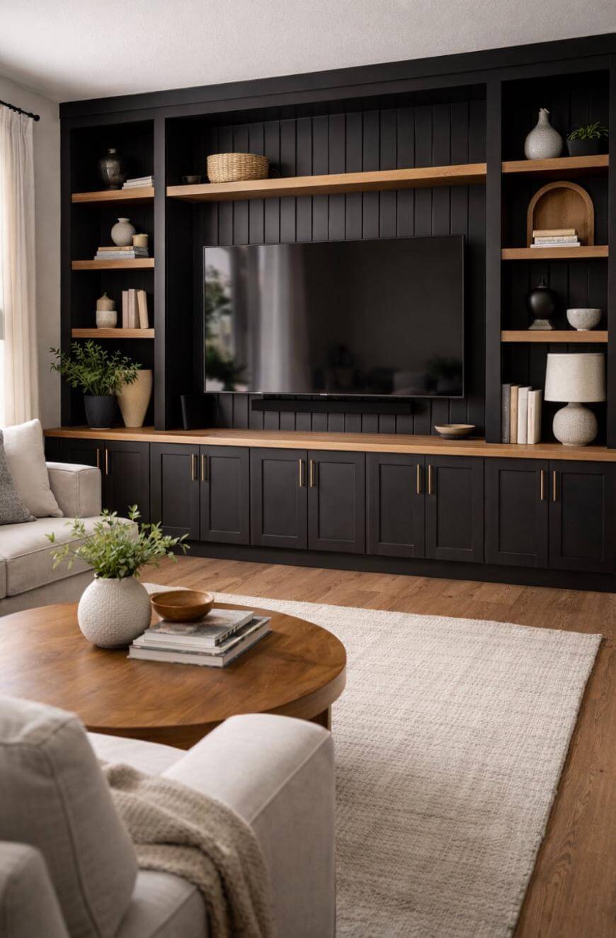 A modern living room features a large black built-in entertainment center with a flat-screen TV, open shelves decorated with books, vases, and baskets, a round wooden coffee table, and neutral-colored sofas on a light rug.