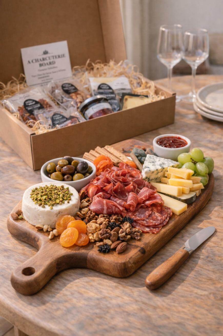 A board with different types of food on it.