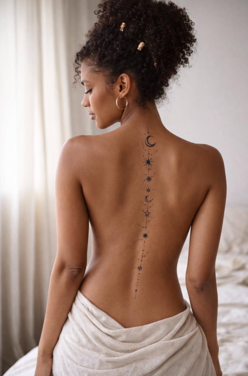 A woman with curly hair, wearing hoop earrings and a white towel around her waist, poses with her back to the camera, showing a long celestial-themed tattoo running down her spine.