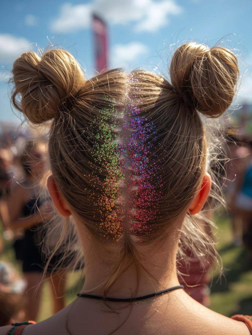 A person with blonde hair styled in two space buns has a line of colorful glitter along the parting of their hair. They are outdoors at a festival, with a crowd and blue sky in the background.