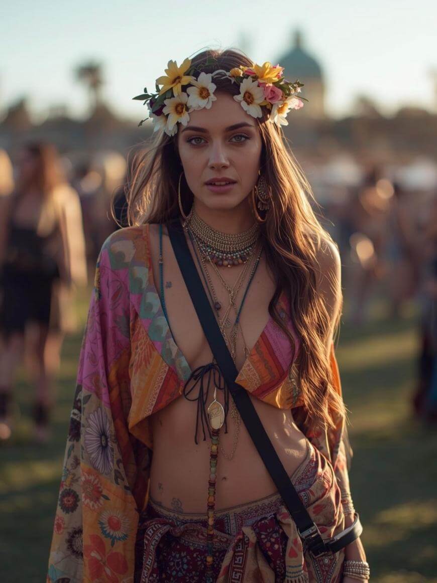 A young woman at an outdoor festival wears a floral crown, layered necklaces, and colorful bohemian clothing. She stands on grass with blurred people and palm trees in the background. The sunlight gives a warm, dreamy glow.