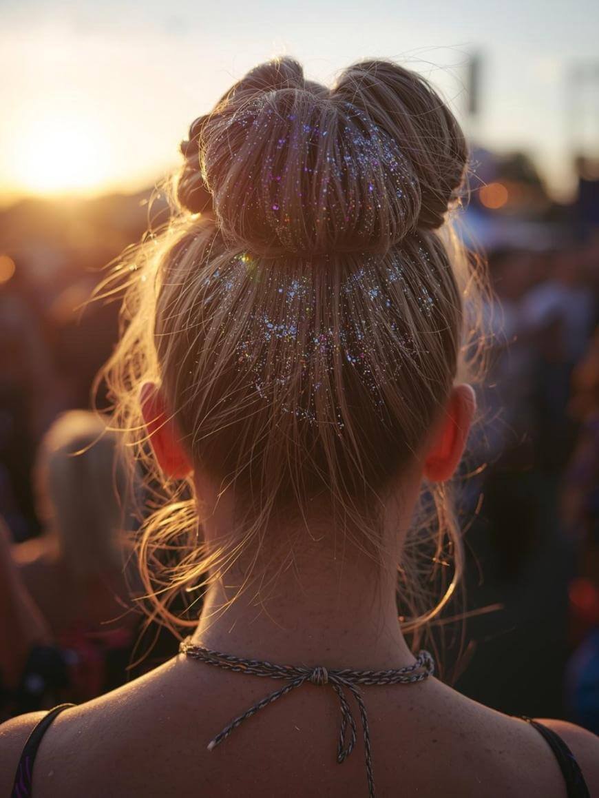 A woman with blonde hair in a double bun hairstyle, sprinkled with glitter, stands outdoors at sunset. The photo is taken from behind, capturing the sunlit crowd and warm evening light.