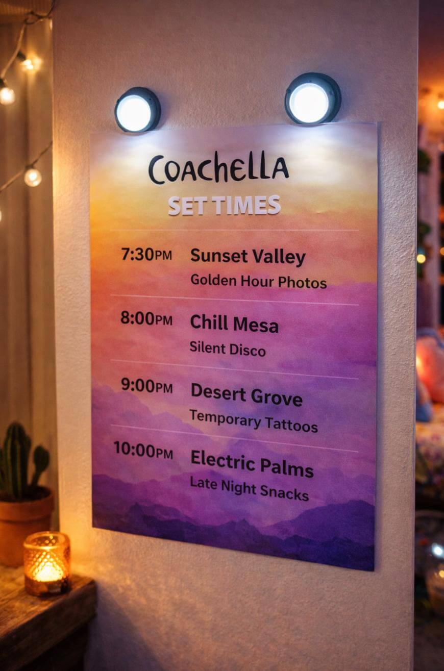 A colorful sign titled Coachella Set Times lists events: 7:30PM Sunset Valley (Golden Hour Photos), 8:00PM Chill Mesa (Silent Disco), 9:00PM Desert Grove (Temporary Tattoos), 10:00PM Electric Palms (Late Night Snacks).