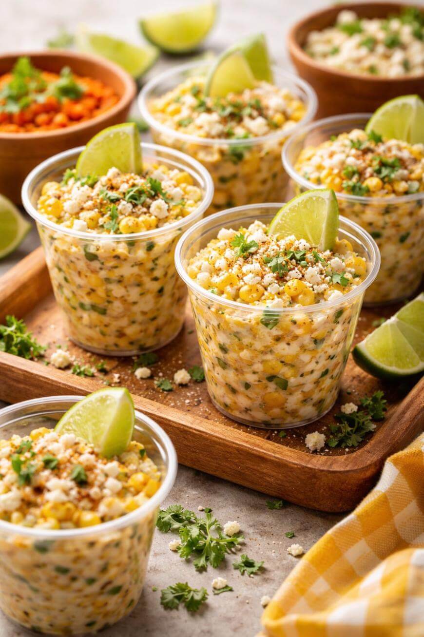 Clear plastic cups filled with Mexican street corn salad, topped with crumbled cheese, herbs, and a lime wedge. Cups are arranged on a wooden tray with extra lime wedges and chopped parsley around.