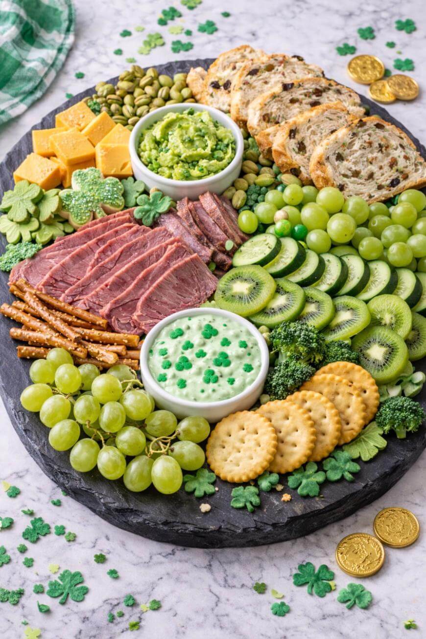 A round platter with corned beef slices, crackers, pretzels, sliced bread, cheeses, green grapes, kiwi slices, two dips, and green treats. Shamrock decorations and gold coins are scattered on a marble surface.