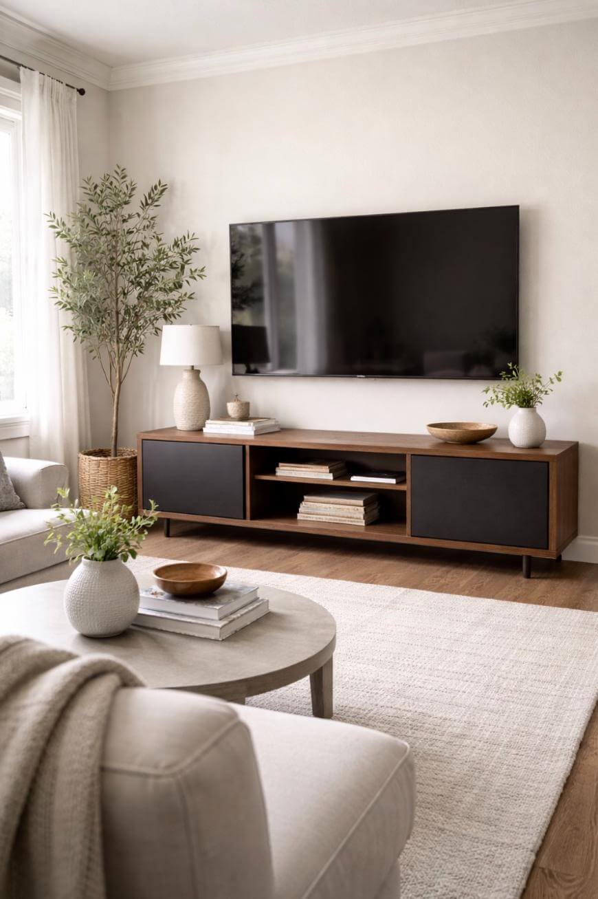 A modern living room with a wall-mounted TV, wooden media console, potted plants, decorative vases, a beige sofa, round coffee table, and a light area rug on hardwood floors. Natural light enters through a window.