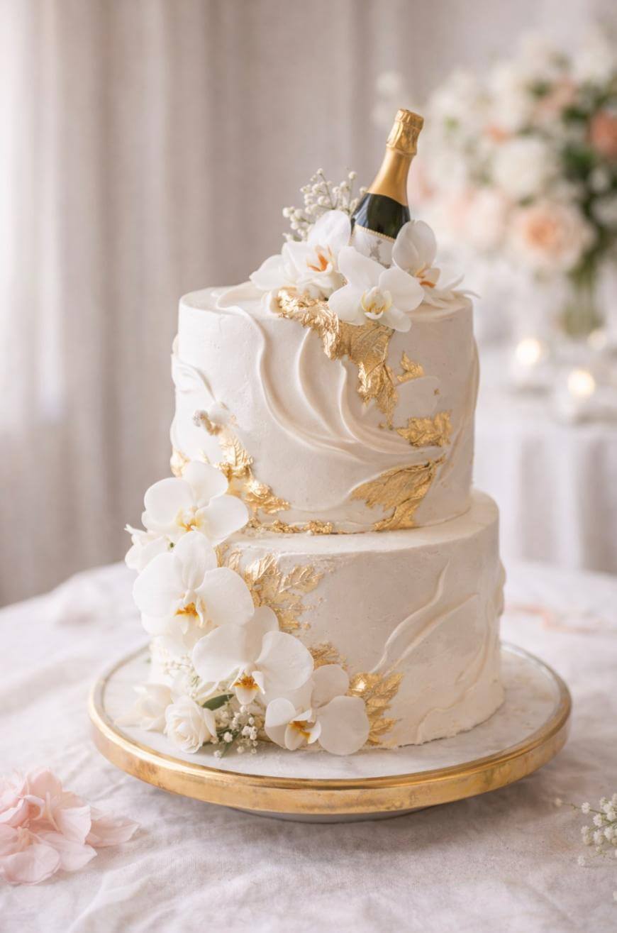 A two-tiered white cake with gold accents is decorated with white flowers and topped with a small champagne bottle. The cake sits on a round tray, with a soft, elegant background of flowers and candles.