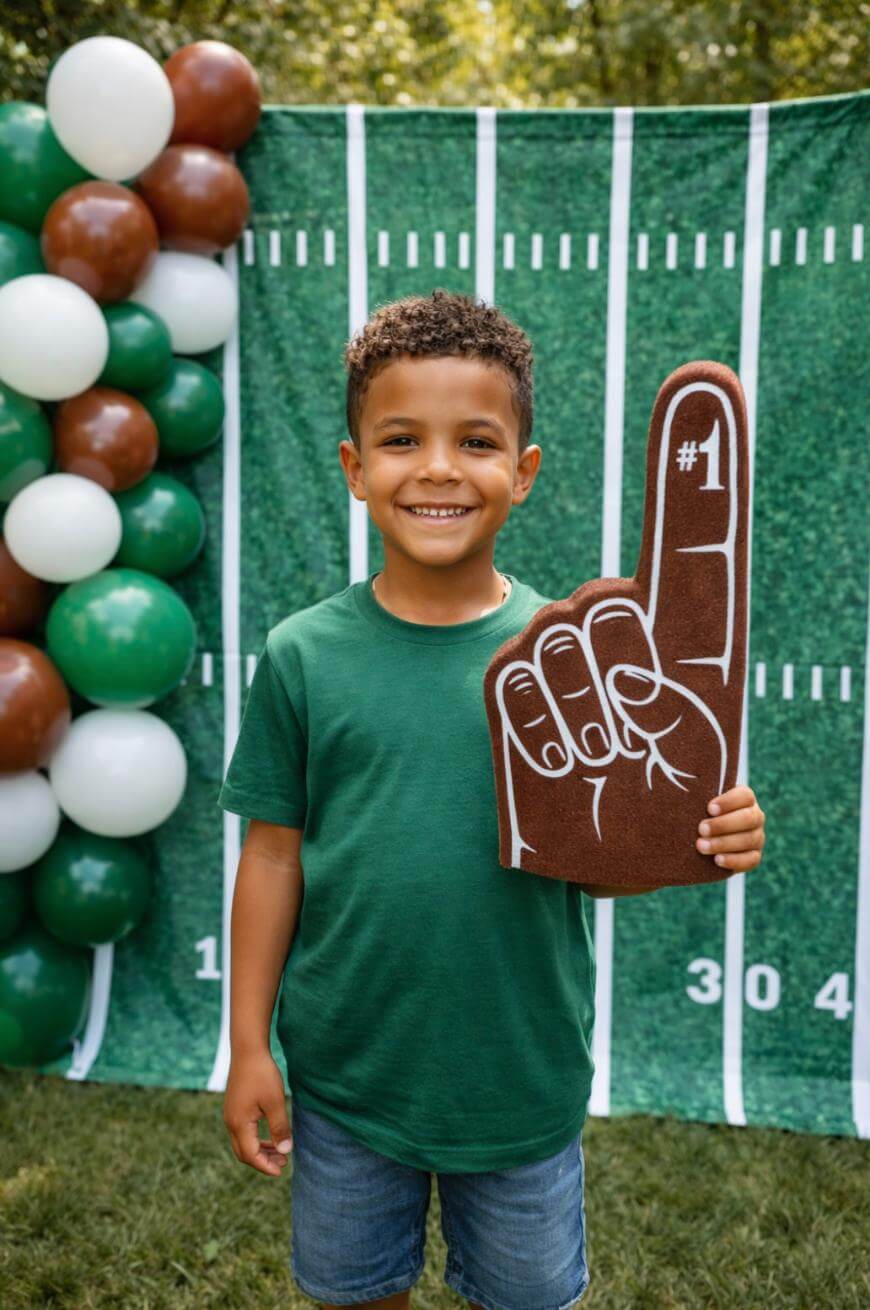 Smiling boy in a green shirt holds a large foam finger that reads #1 while standing on grass in front of a football field backdrop and a balloon decoration in green, brown, and white.