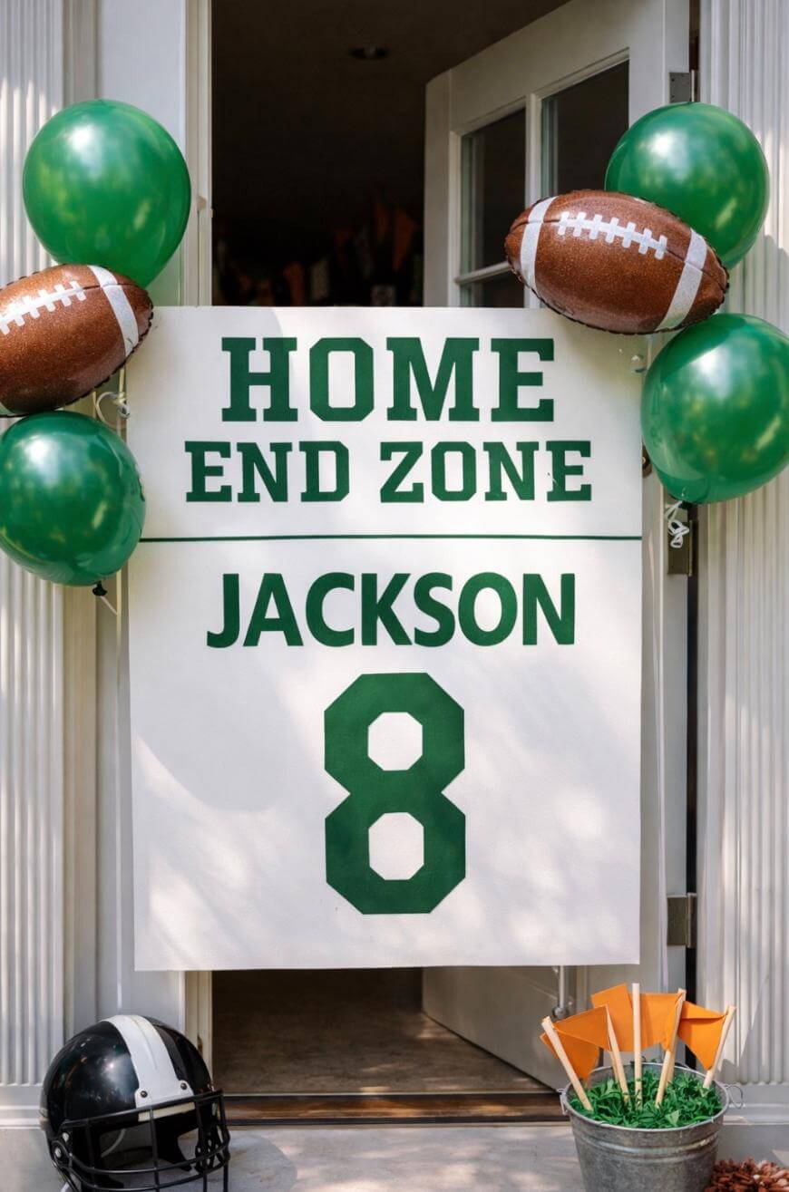 A sign reads Home End Zone Jackson 8 and is decorated with green balloons and football balloons. A black football helmet and orange flags sit in a bucket on the ground by the door.