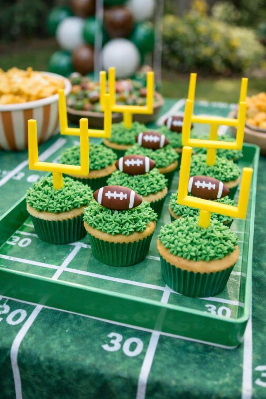 Cupcakes decorated with green frosting, edible footballs, and yellow goalposts sit on a tray. The tray is on a football field-themed tablecloth, with snacks and balloons in the blurred background.