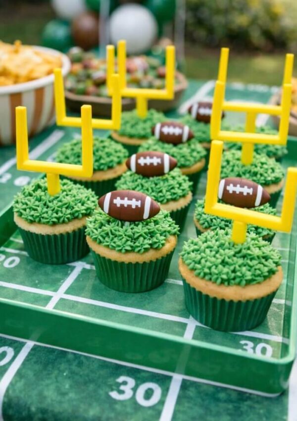 Cupcakes decorated with green frosting to look like grass, topped with small football-shaped candies and yellow plastic goalposts, displayed on a football-themed tray. Other snacks are visible in the background.