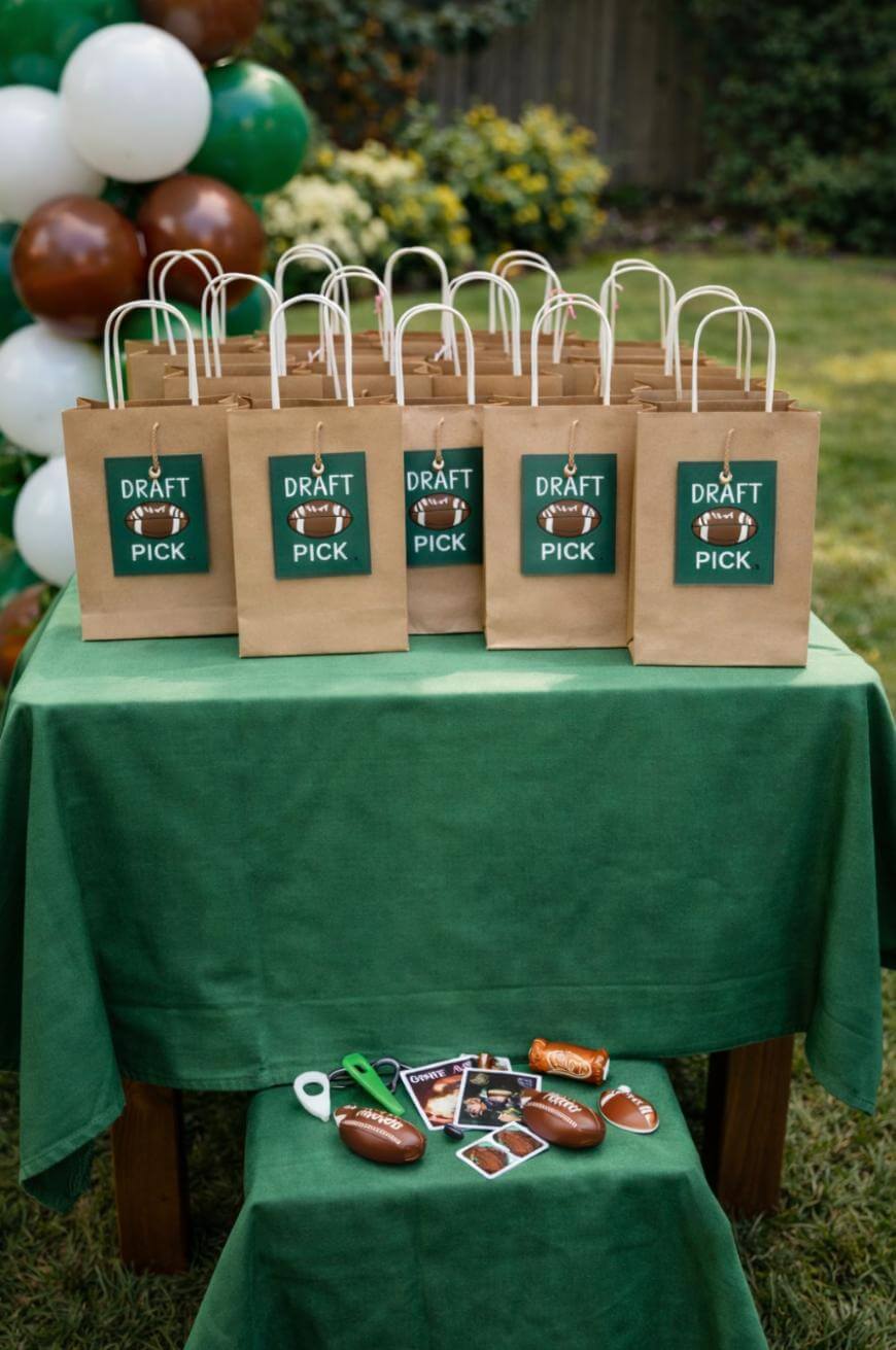 A group of brown gift bags with “Draft Pick” football-themed labels are arranged on a green table outdoors, with balloons and greenery in the background. Football-themed party favors are spread on the table.