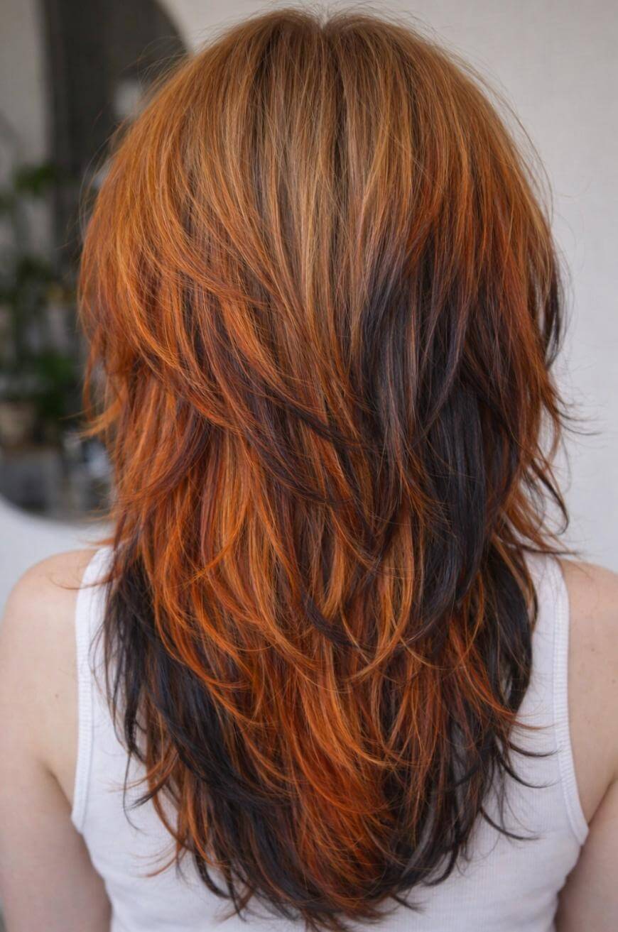 A person with layered, shoulder-length hair featuring a blend of vibrant orange and dark brown colors, wearing a white sleeveless top, shown from the back.