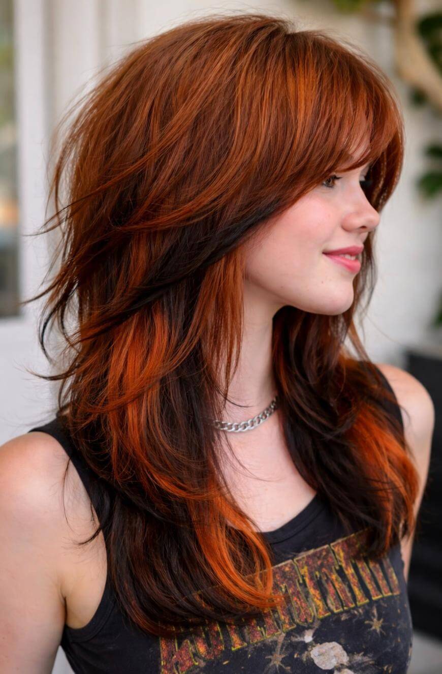 A young woman with layered, voluminous hair dyed in shades of orange and black smiles slightly. She wears a black graphic tank top and a silver chain necklace, standing indoors with a blurred background.
