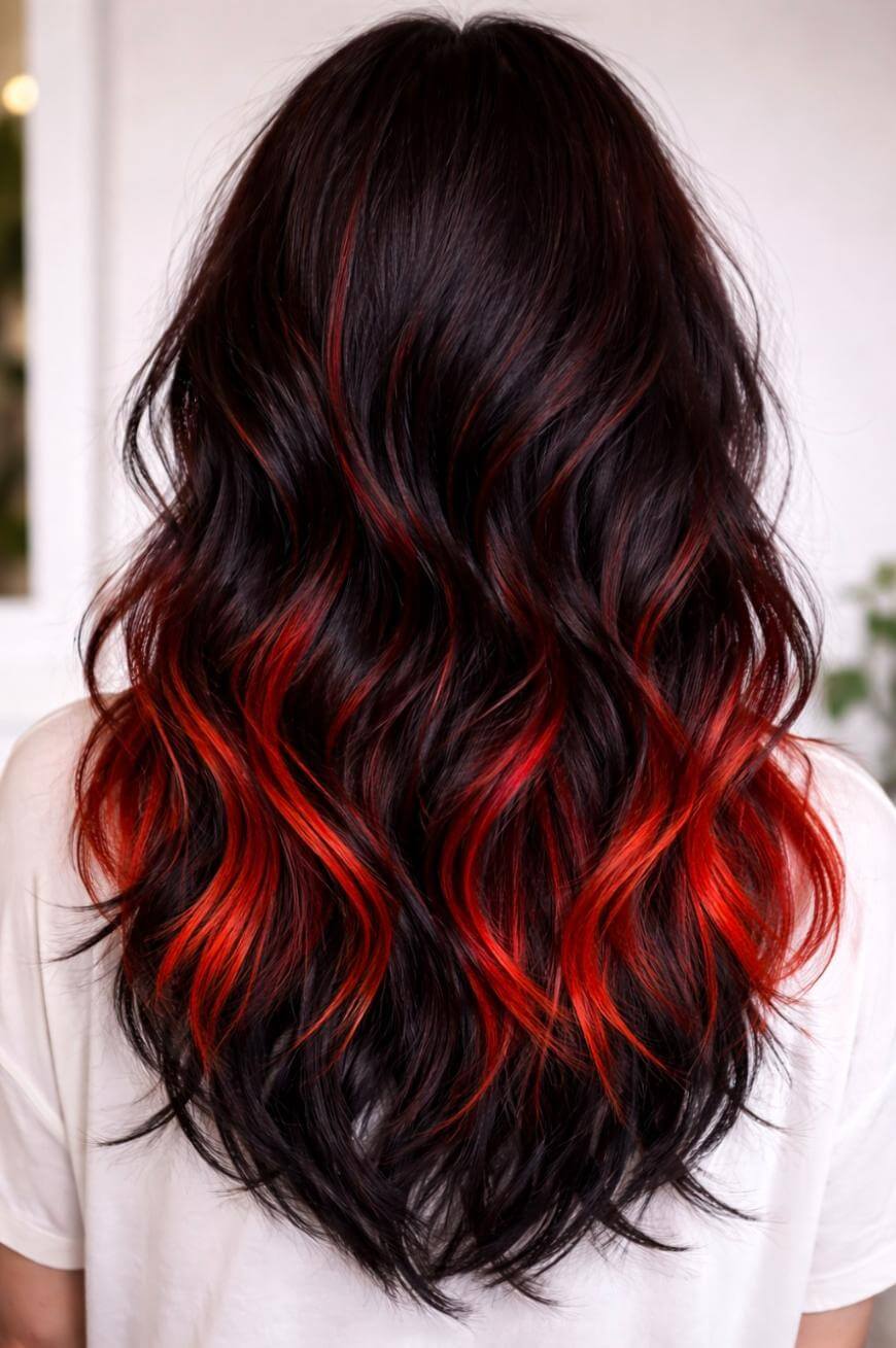 A person with long, wavy dark brown hair featuring vibrant red balayage highlights towards the ends, wearing a white shirt and facing away from the camera.